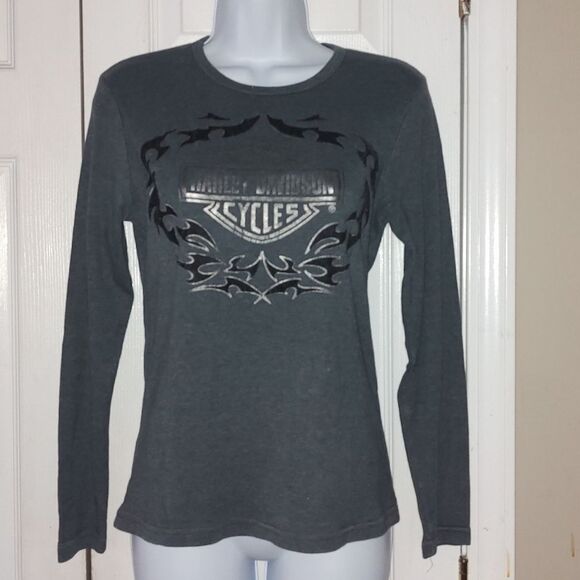 Harley Davidson Charlotte NC ladies slate gray logo long sleeve shirt  Sz M - Picture 1 of 5